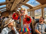 Andean dancer performing for passengers on the Vistadome train to Machu Picchu
